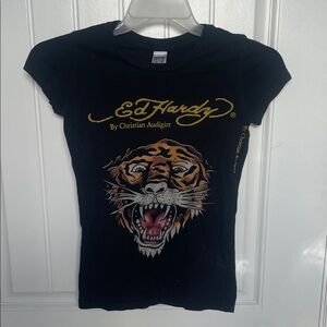 Ed Hardy Black Tee with Fierce Tiger and Gold Accents XS